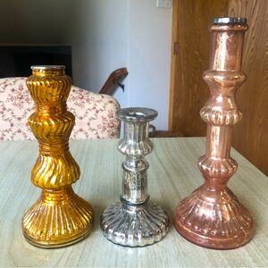 Vintage style mercury glass candle stick holders pink gold and silver never used